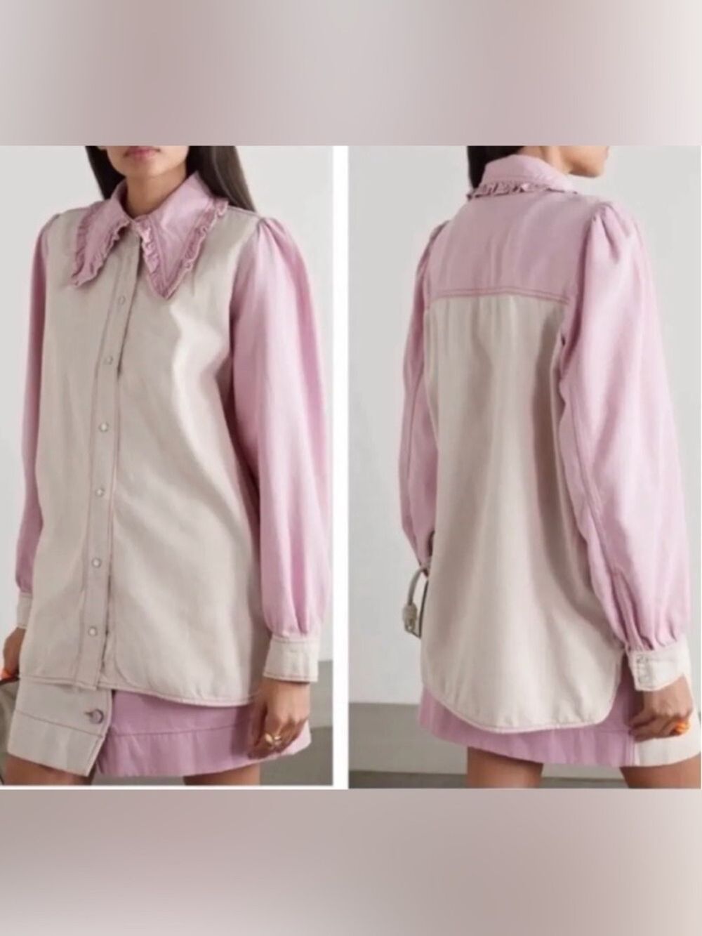 Ganni Ruffled Two-Tone Organic Denim Shirt - Picture 4 of 12